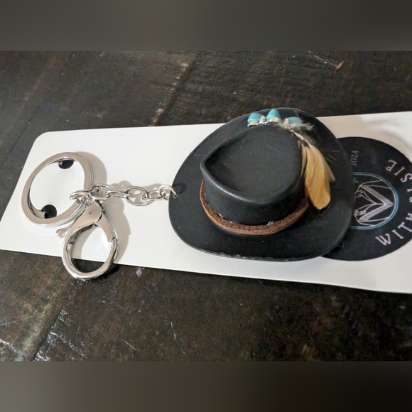 Black Mini Keychain Western Cowboy Hat Black and Turquoise Feather Key Holder - Picture 5 of 9